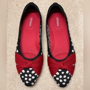 Worn once. Vivaia black and white polkadot with red bow. Size 39
